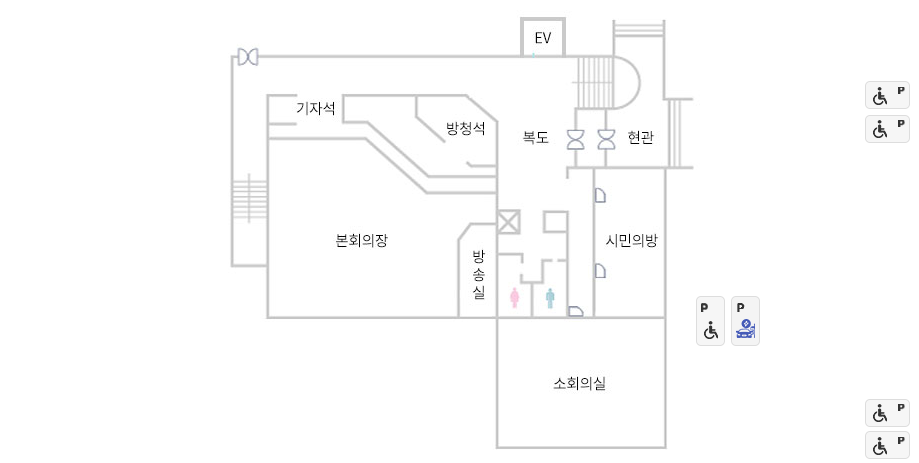 본회의장, 기자석, 방청석, 방송실, 소회의실, 복도, 시민의방, 현관